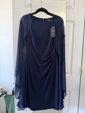 Ralph Lauren Navy Cape Chiffon Overlay Dress